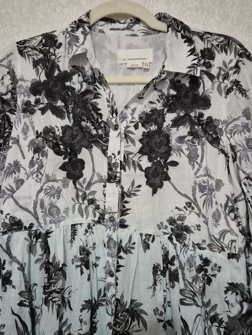 Anthropologie Pale Blue and White Black Floral Embroidery Tiered Shirt Dress-0 - Picture 4 of 13